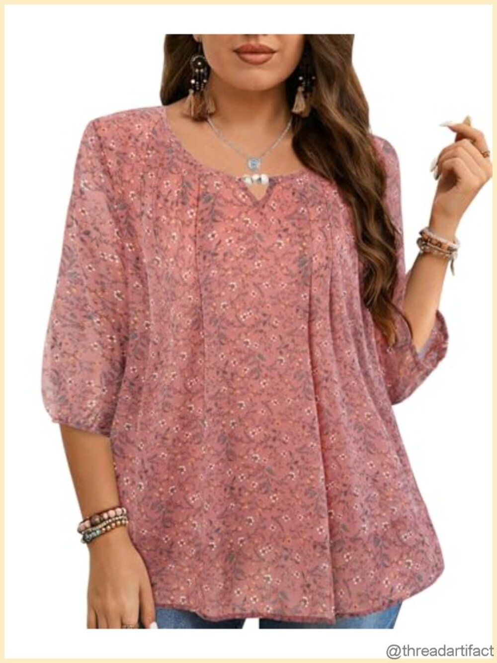 Plus Size Chiffon Blouse 3/4 Sleeve V Neck Beaded Floral Double Layer Top